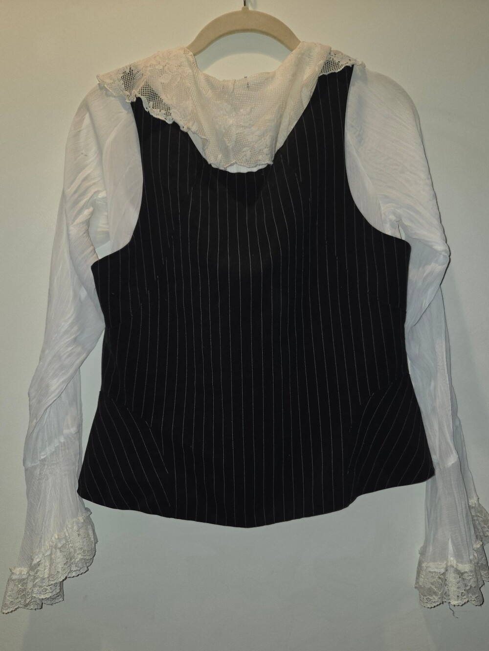 Ruffled White Lolita Lace Trimmed Blouse Layered Under Pinstripe Vest - Picture 2 of 15